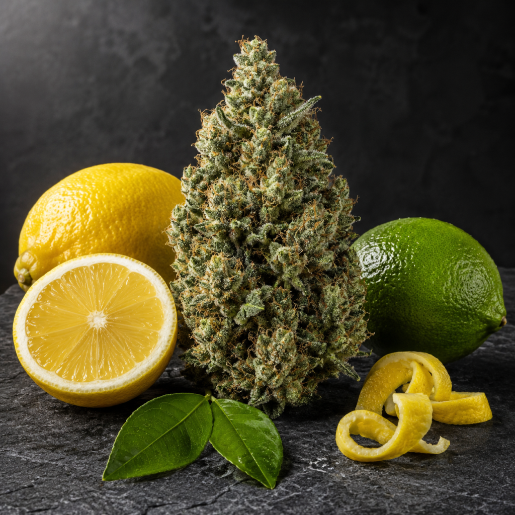 Bud de Lemon Haze CBD entourée de citron, citron vert et zestes d’agrumes sur fond minéral sombre.