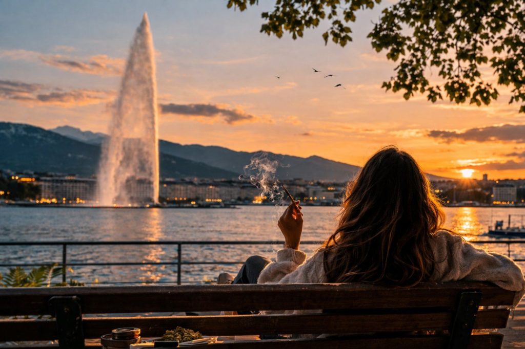 Personne fumant du CBD face au Jet d’Eau à Genève au coucher du soleil avec les montagnes suisses en arrière-plan