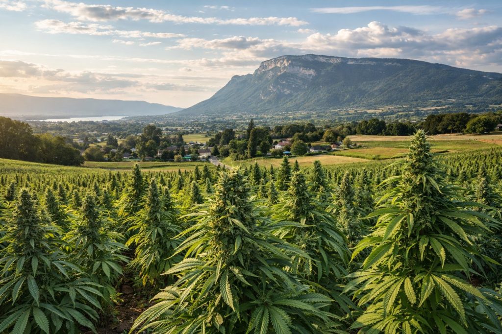 Culture de cannabis dans la campagne genevoise avec vue sur le Salève et le bassin lémanique – Guide CBD Genève 2026