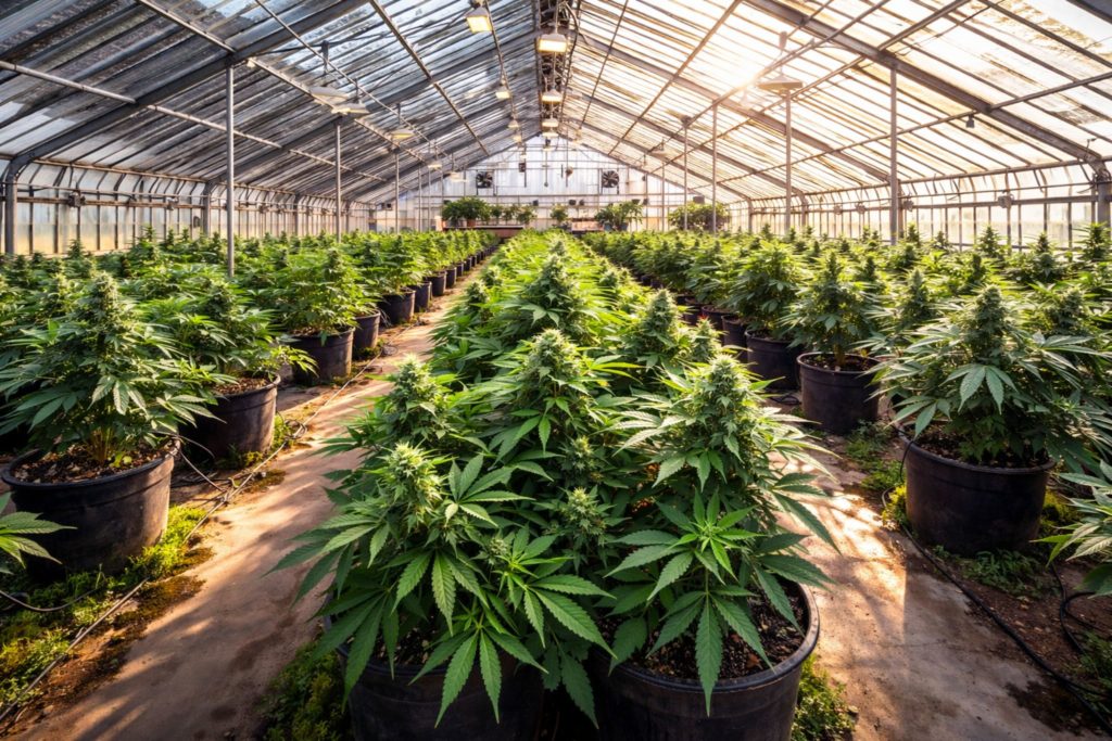 Culture de cannabis CBD en greenhouse – plantation de fleurs CBD légales en Suisse destinée aux CBD shops de Genève