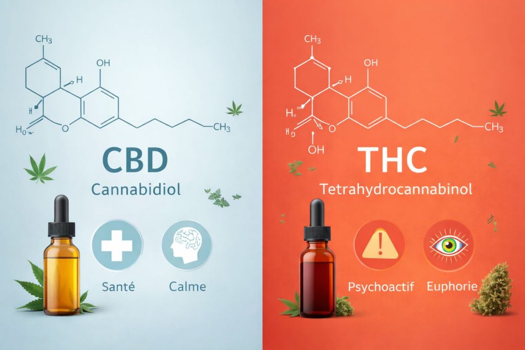 Illustration scientifique montrant la différence entre les molécules de CBD et de THC dans le cannabis avec leurs effets respectifs sur l’organisme.