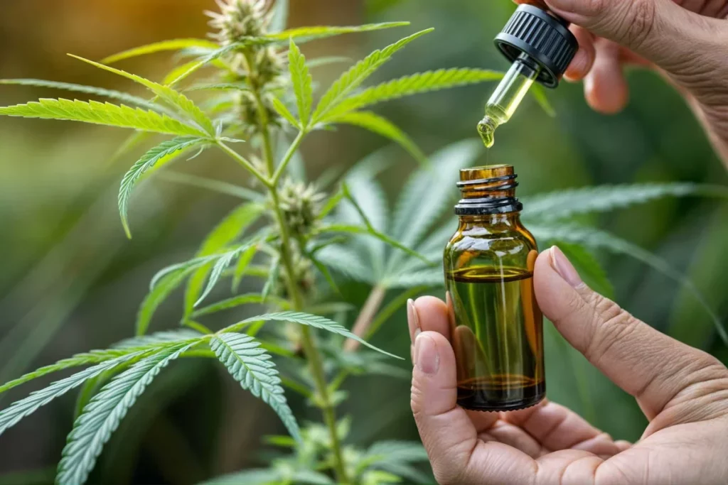 Huile CBD extraite de plante de cannabis avec pipette à Genève Suisse