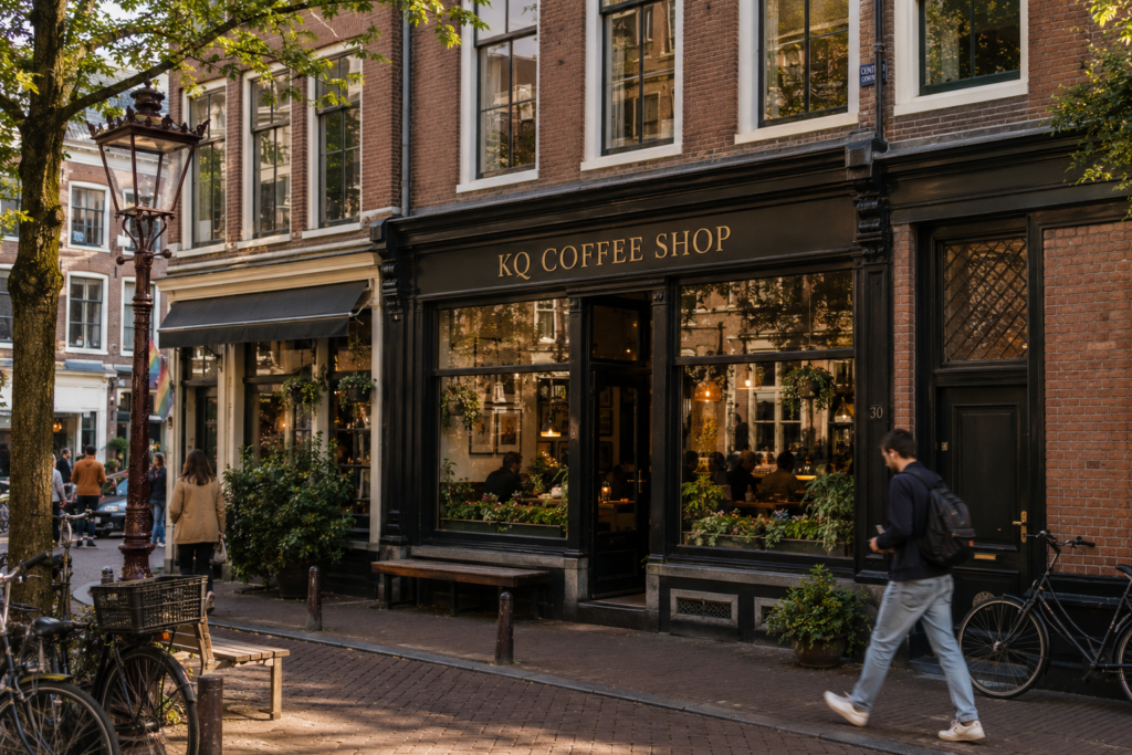 KQ Coffee Shop fictif dans une rue d'Amsterdam illustrant l'univers de l'Amnesia Haze pour un article sur le CBD en Suisse