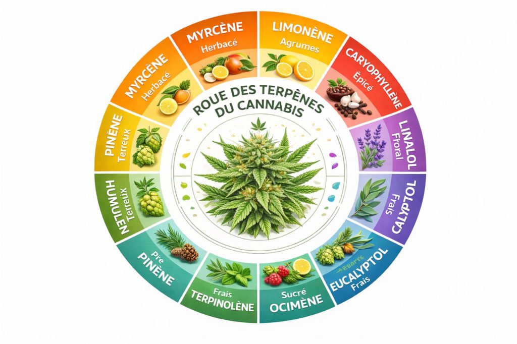 Roue des terpènes du cannabis illustrant les principaux profils aromatiques comme myrcène, limonène, caryophyllène et pinène – Guide CBD Genève 2026