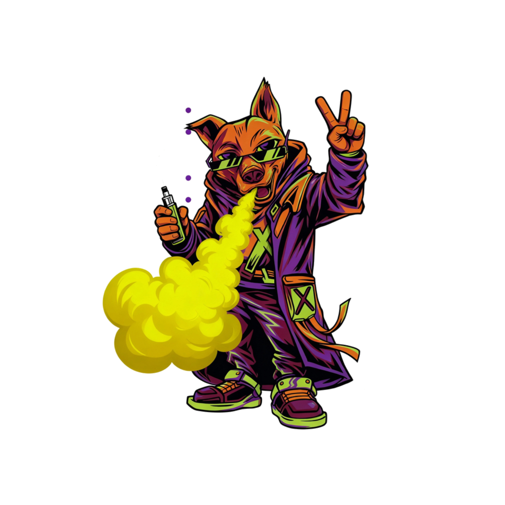 Illustration d’une mascotte utilisant une vape CBD avec nuage de vapeur coloré, image utilisée dans le Guide CBD Genève 2026 sur les produits vape CBD.