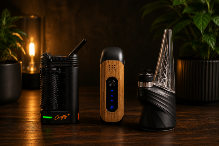 Photo de trois vaporisateurs CBD premium : VITA, Crafty+ et Puffco Peak